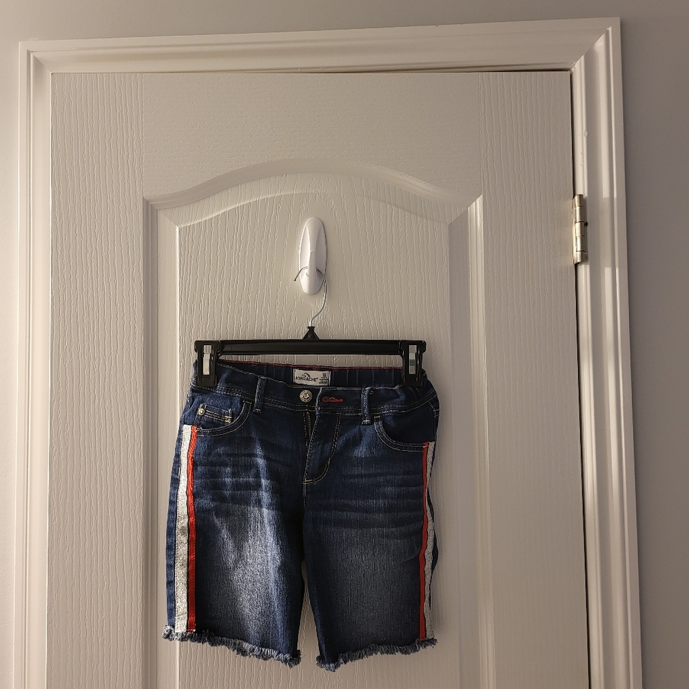 Girl's Jordache blue jean shorts with red & silver glitter stripes size 10